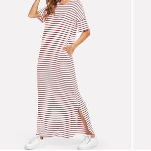 Side Slit Striped Maxi Tee Dress